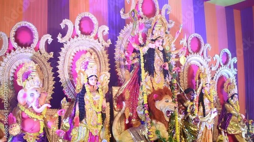 Traditional Bengali Goddess Mata view during Durga Puja celebrations with divine decorations, cultural rituals, and festive ambience.