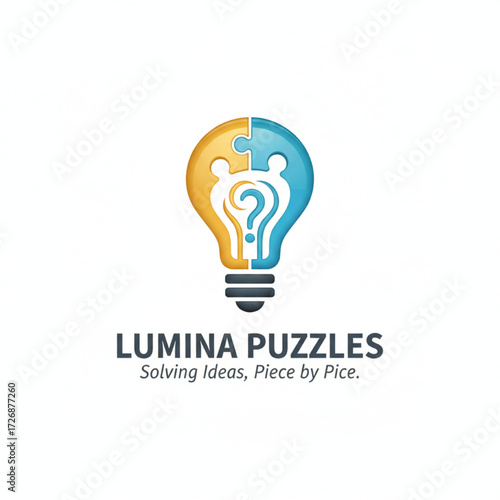A logo for a puzzle company that shows two pieces interlocking to form a lightbulb, symbolizing solving ideas
