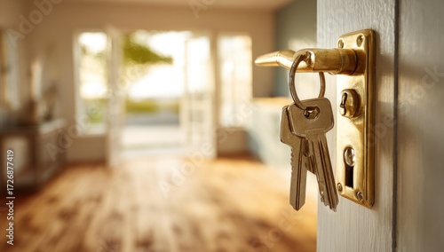 House keys in a door, new home, open interior