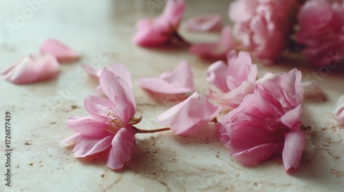 Delicate pink sakura petals resting on a blushtoned surface with scattered blossoms and soft copy space for elegant floral composition