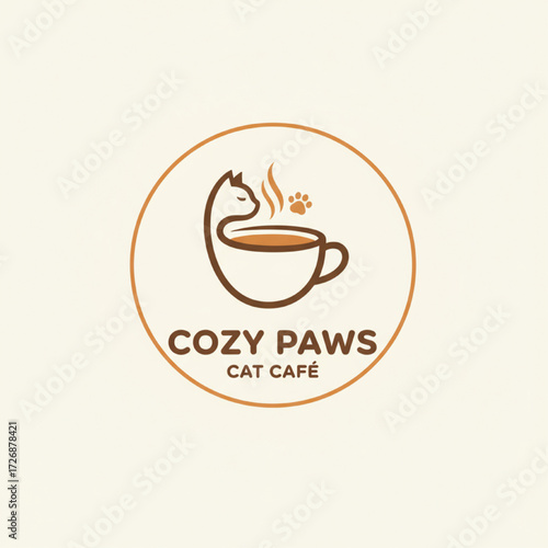 A minimalist vector logo for a cozy cat café, featuring a stylized cat silhouette and a coffee cup