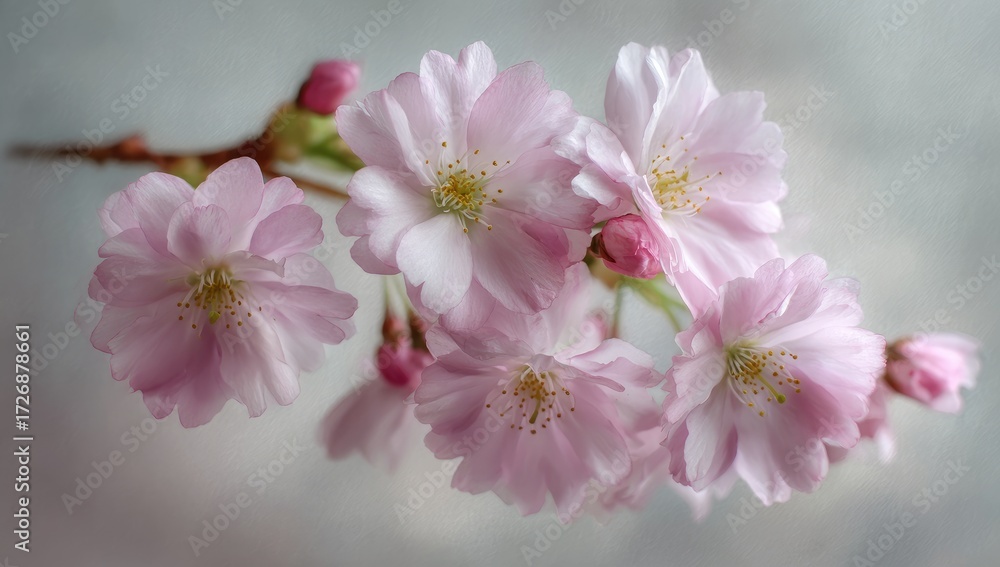 Obraz premium Delicate pink cherry blossoms on a branch, soft focus