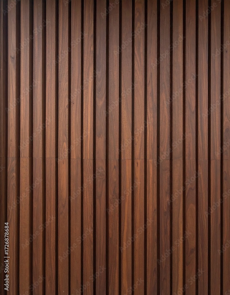Naklejka premium Close-up of a dark brown wooden wall paneling. Vertical planks create a structured, textured surface