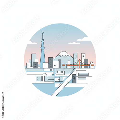 A minimalist vector skyline of Tokyo, reducing famous buildings like Skytree and Shibuya Crossing to their most basic geometric shape