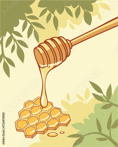 Honey dripping from a wooden honey dipper. Vector illustration.