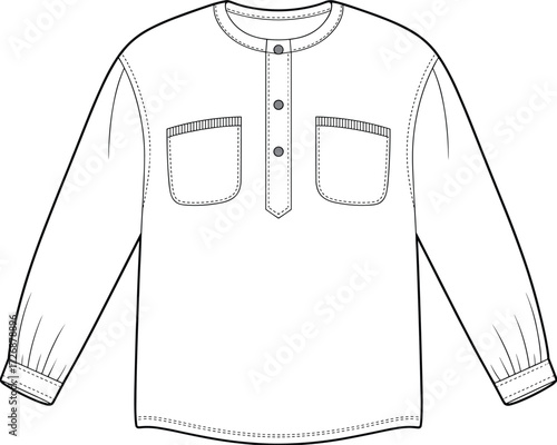 Long sleeve shirt technical sketch, fashion flat drawing, garment construction vector, blouse design template, apparel CAD illustration, cad drawing flat vector illustration