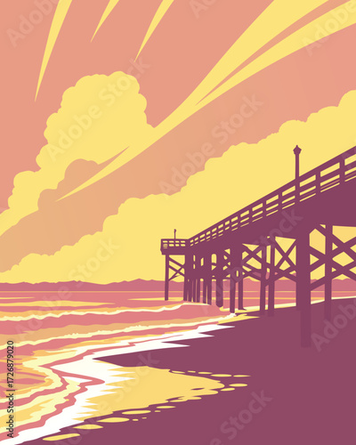 Wooden pier on the sea at sunset. Vector illustration in retro style