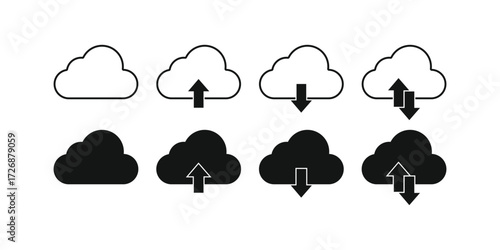 A set of outlined and solid cloud icons depicting cloud storage, upload, download, and synchronization