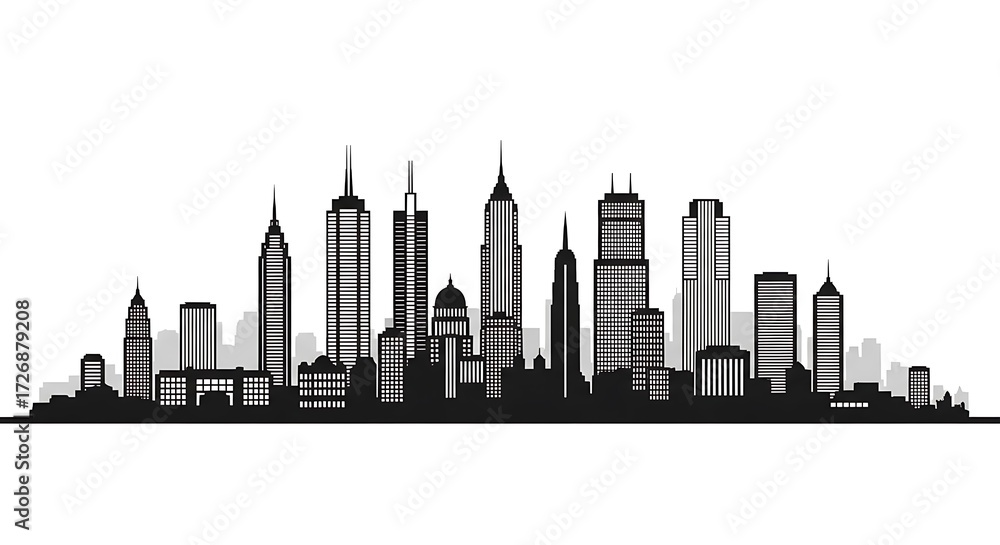 Obraz premium Black and White Cityscape Silhouette with Skyscrapers and Buildings
