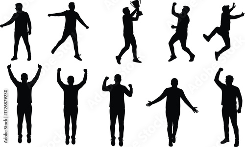 A set of excited and cheering men celebrating victory and success, a graphic illustration of joy and winning.