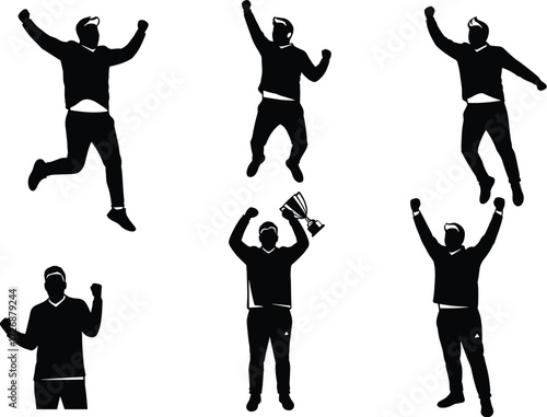 A set of excited and cheering men celebrating victory and success, a graphic illustration of joy and winning.