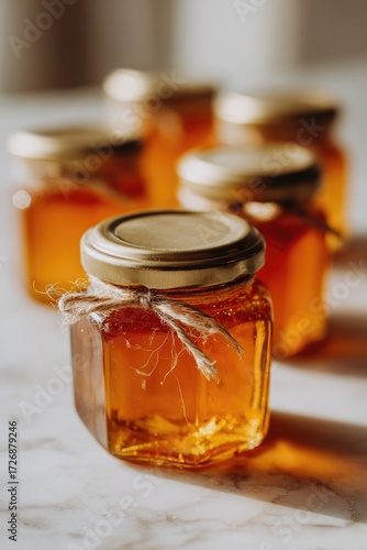 Small, square jars of honey, shallow focus, on marble