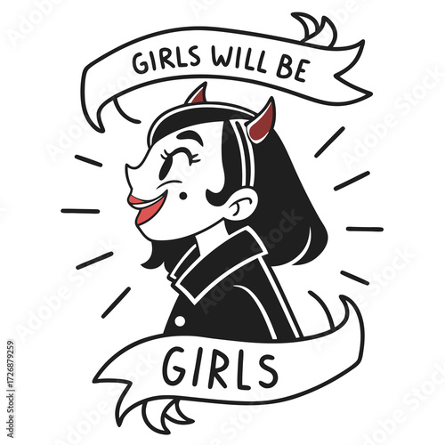 Vector illustration of a girl in a vampire costume with a banner.