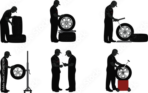 A collection of car mechanic silhouettes servicing and changing tires on a vehicle, a graphic illustration of automotive repair.