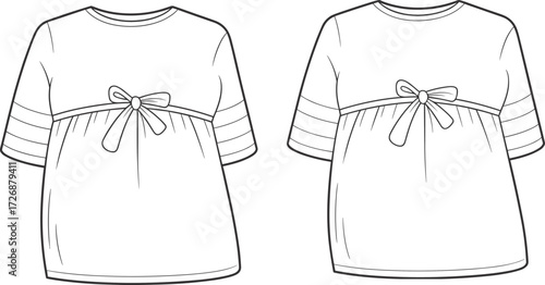 Maternity top fashion sketch, bow detail blouse drawing, stripe sleeve vector, garment design template, apparel CAD artwork, cad drawing flat vector illustration