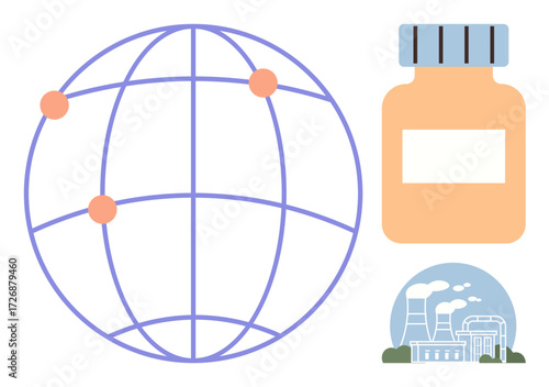 Globe with connection points next to a medicine bottle and factory, representing international supply networks. Ideal for industries, logistics, globalization, healthcare, sustainability, production