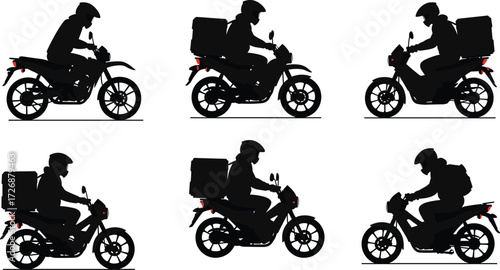 A collection of motorcycle rider and courier silhouettes, a graphic illustration of fast package and food delivery service.