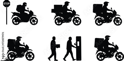 A collection of motorcycle rider and courier silhouettes, a graphic illustration of fast package and food delivery service.