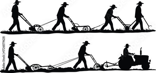 A set of various farmer and gardener silhouettes using manual plows, a graphic illustration of agriculture and cultivation.