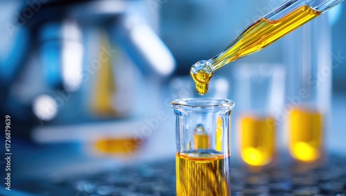 Amber liquid drips from pipette into test tube in lab