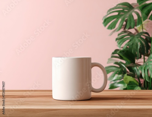 Empty white mug on light brown wooden surface against a pink wall with tropical plants