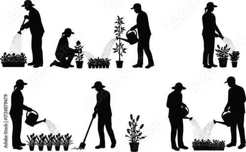 A set of various gardener silhouettes watering potted plants and flowers, a graphic illustration of gardening and horticulture.