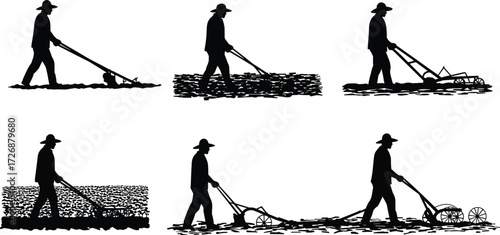 A set of various farmer and gardener silhouettes using manual plows, a graphic illustration of agriculture and cultivation.