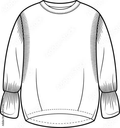 Ruched sleeve sweater sketch, fashion flat drawing, long sleeve top vector, garment design template, apparel CAD illustration, cad drawing flat vector illustration