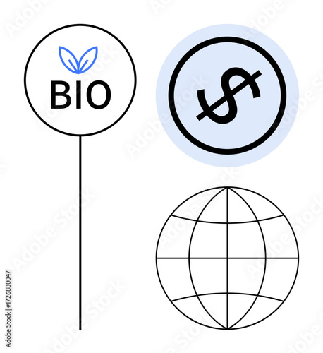Bio label with leaf, crossed-out dollar sign in blue circle, globe for global context. Ideal for sustainability, environment, eco-commerce, green finance, ethics global economy. Flat simple metaphor