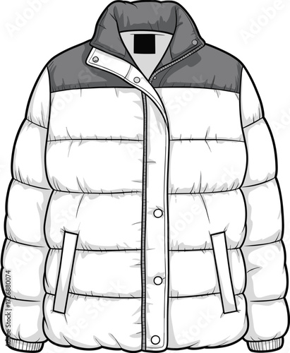 Puffer jacket fashion sketch, quilted outerwear drawing, winter coat vector, garment design template, apparel CAD illustration, cad drawing flat vector illustration