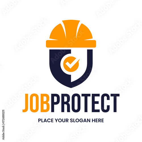 Job protect logo combining a safety helmet and a shield with a check mark. Ideal for worker insurance, construction safety programs, or employment security firms.