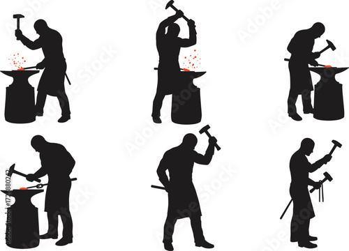 Dynamic poses of blacksmiths hammering glowing hot metal on an anvil, a graphic illustration of a forge.