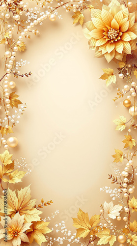 Elegant Gold Floral Frame Background: Autumn Leaves, Pearls, & Golden Flowers for Invitations, Cards, & Creative Design Projects