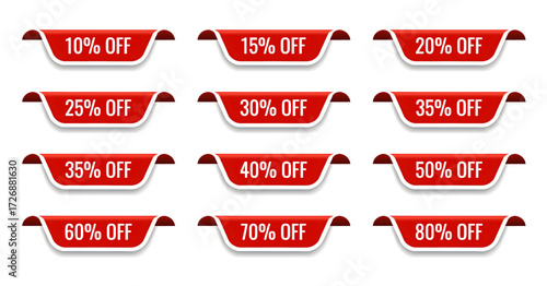 Red ribbon discount tag icon set. Percent off labels from 10% to 80% for retail promotions. Vector isolated on transparent background.