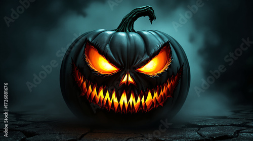 Scary Black Halloween Pumpkin Jack-o'-Lantern with Glowing Eyes & Evil Smile, Dark Spooky Theme, Halloween Decoration, AI Generated Art