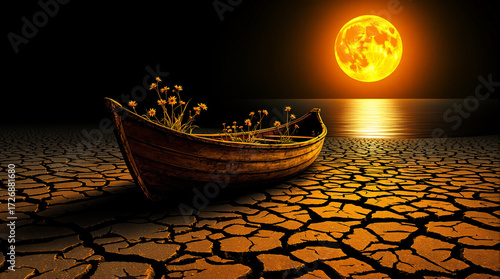 Surreal Landscape: Dried Earth, Boat with Flowers, Full Moon, Fantasy Art, Dreamlike Scene, Desert Boat, Cracked Ground, Orange Moon Glow