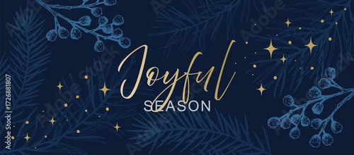 
Festive holiday banner with golden Joyful Season lettering on a navy blue background, decorated with pine branches, berries, and stars for Christmas celebration design
