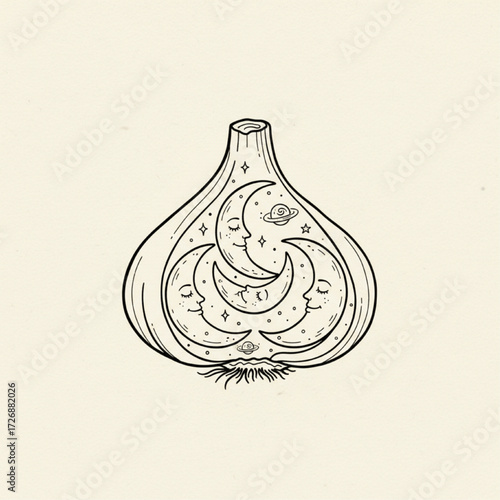 A simple line drawing of a garlic bulb with cloves that are actually tiny, sleeping moons