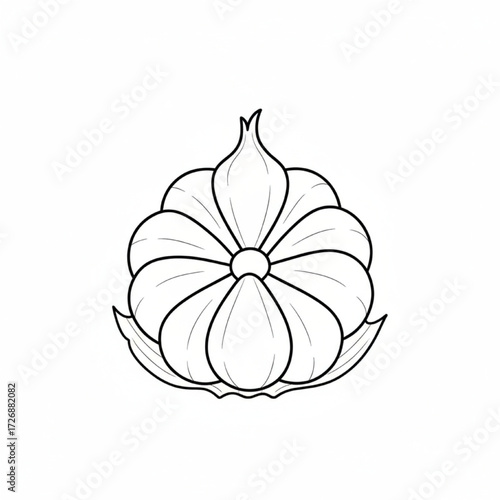 A simple line drawing of a garlic bulb with the cloves arranged like flower petals