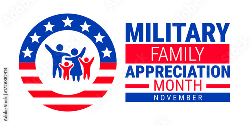 military family appreciation month background, banner, card or poster design template is observed every year during November, to raise awareness about the mission. Vector illustration.
