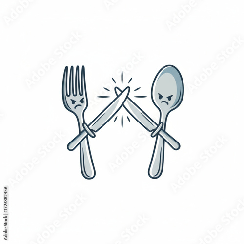 A simple vector drawing of a fork and spoon fighting a duel