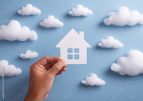 Wallpaper Mural Hand holding paper house against a backdrop of fluffy clouds Torontodigital.ca