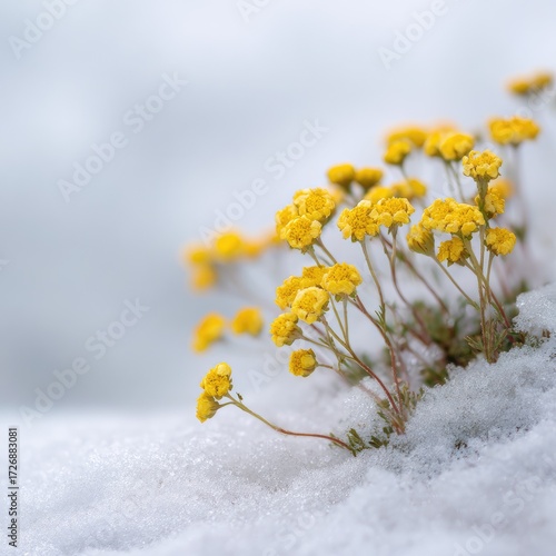 Small yellow flowers emerge from snow. Soft focus