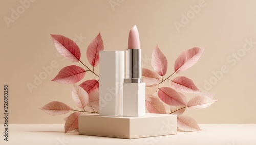 Pastel pink lipstick on a beige pedestal, surrounded by delicate leaves