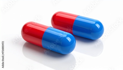 Two pharmaceutical capsules on a white background—one solid red, the other blue with a transparent half revealing small white granules inside—highlighting contrast in formulation and controlled dosage
