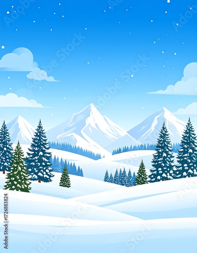 Winter landscape with snowy mountains and fir trees.  A serene scene