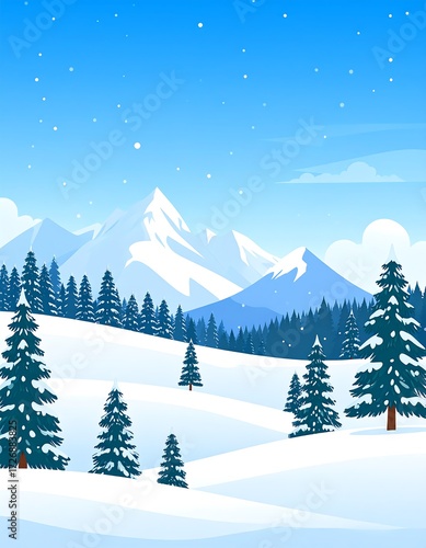 Winter landscape with snow-covered mountains and trees