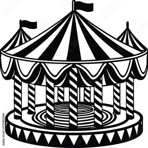 Red and white striped circus tent vector illustration for a fun carnival show under the blue sky