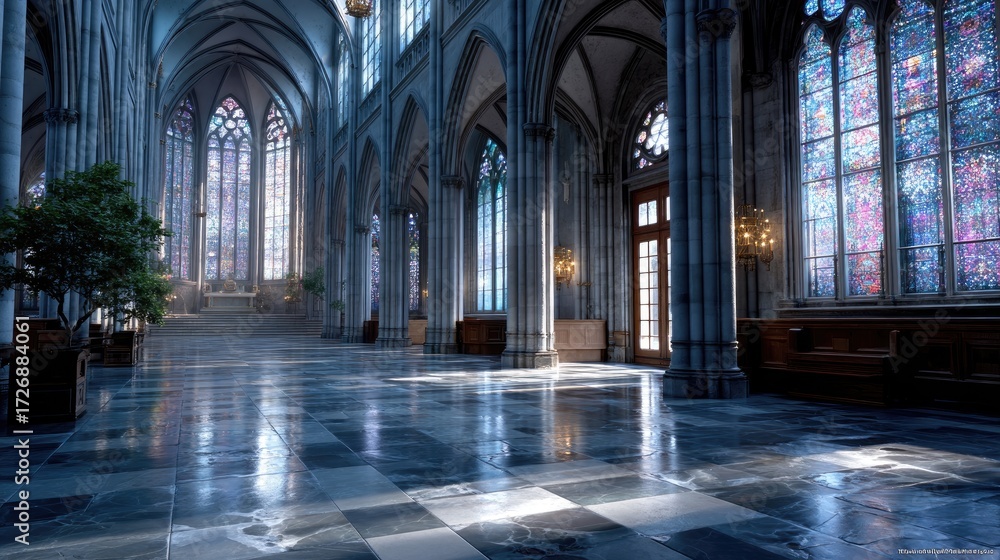 Fototapeta premium Grand Gothic Cathedral Interior with Stained Glass Windows and Marble Floor in Cinematic Lighting with High Dynamic Range