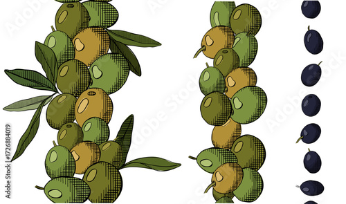 Olive berry, oil and leaves seamless border vertical set. Vector graphic line ink colored illustration. Banner, poster, wrapping paper, sticker, print, modern textile design.